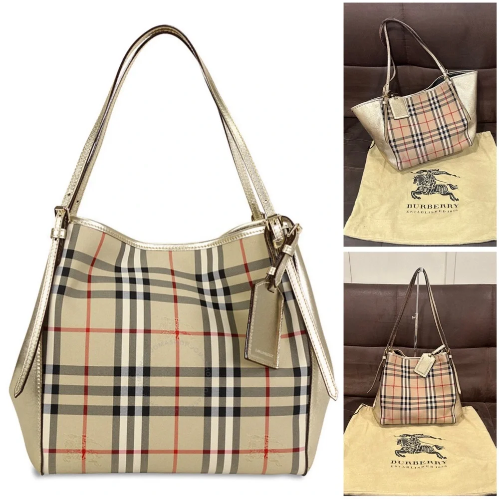 💯 Authentic RARE Burberry Canterbury Horseferry Check Tote Gold Purse Handbag - Picture 1 of 17